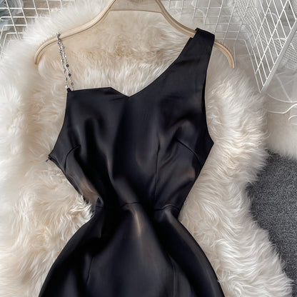 Sexy off shoulder low chest diagonal neck slim split hip dress  3054