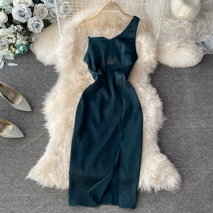 Sexy off shoulder low chest diagonal neck slim split hip dress  3054