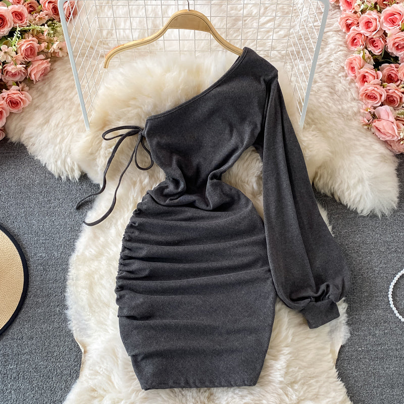 Sexy diagonal neck off shoulder one-sided dress  2738