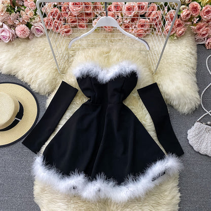 Red/black fashion heart-shaped collar sexy waist slimming off-shoulder Christmas birthday dress 2718