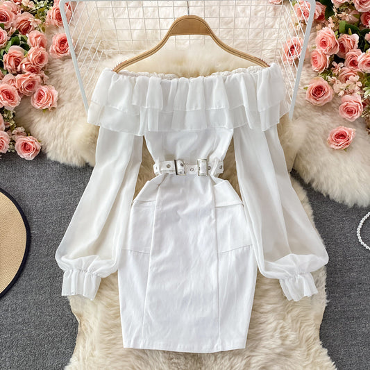 Royal sister style one shoulder off shoulder lotus leaf dress  3098