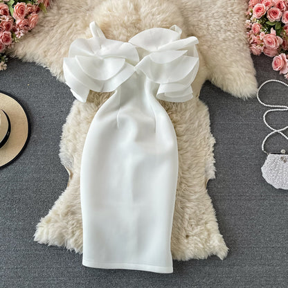 Ruffled off shoulder and exposed shoulder bag hip dress  2748