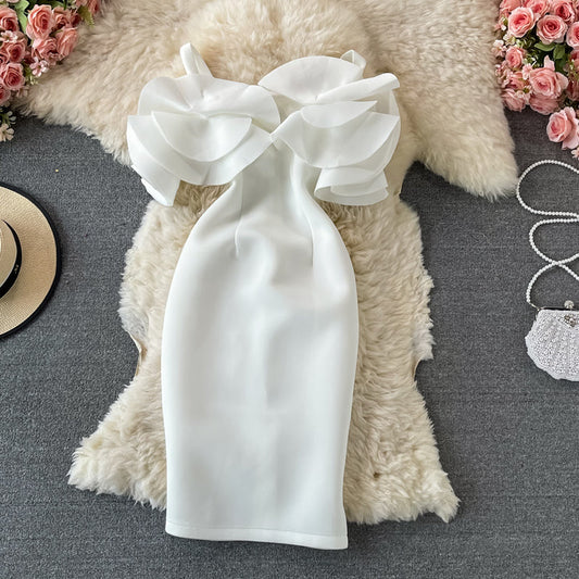 Ruffled off shoulder and exposed shoulder bag hip dress  2748