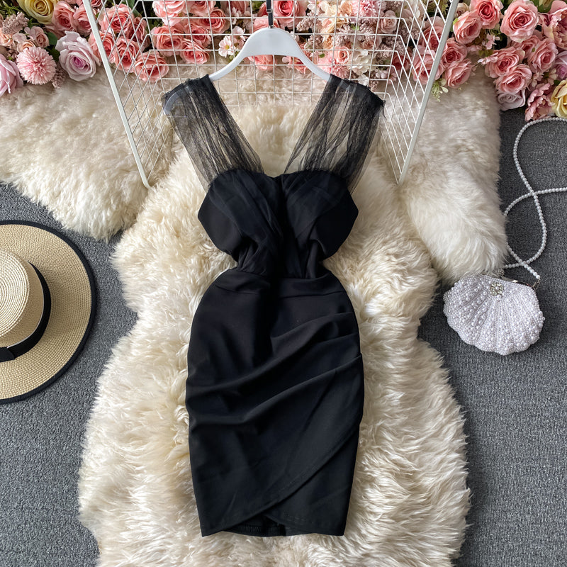 Sexy mesh off shoulder slim wrap hip dress  2953