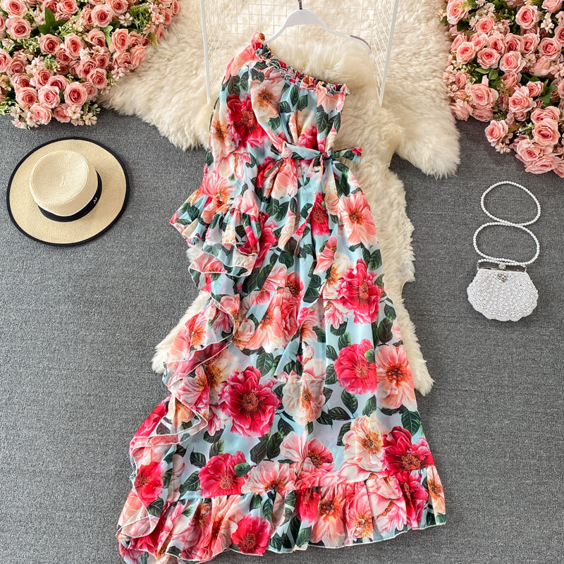 Slant neck one side off shoulder lace up Printed Dress  3195
