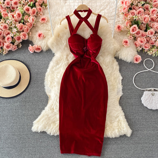 Neck off shoulder slim wrap hip suspender dress  2733