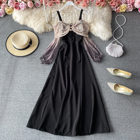 Sexy suspender skirt French off shoulder swing dress  2932