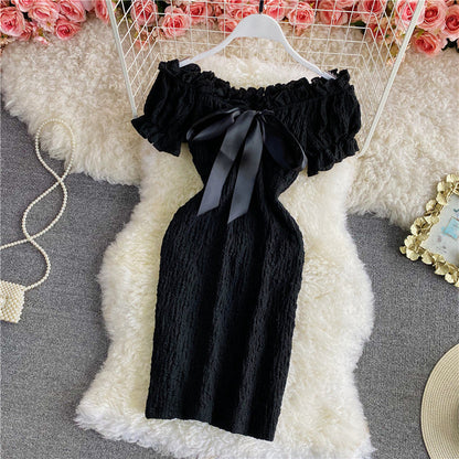 Retro sweet waist closed thin off shoulder backless dress  2889