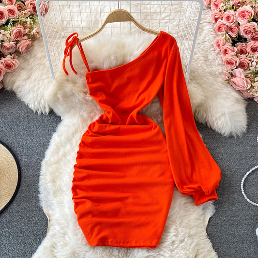 Sexy diagonal neck off shoulder one-sided dress  2738