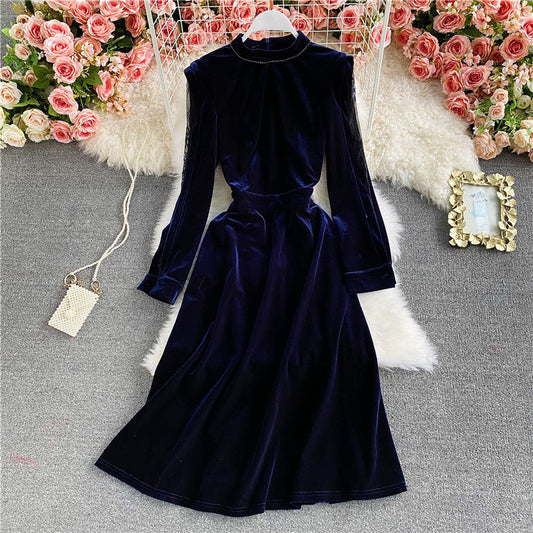 Burgundy stand neck off shoulder velvet A-line dress  2934