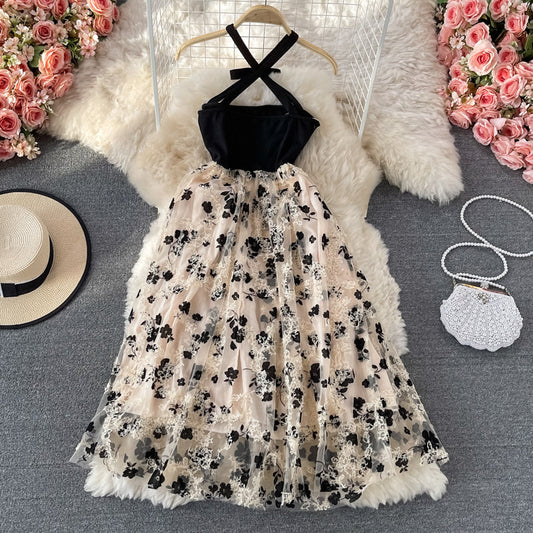 Neck off shoulder dress floral suspender dress  2978