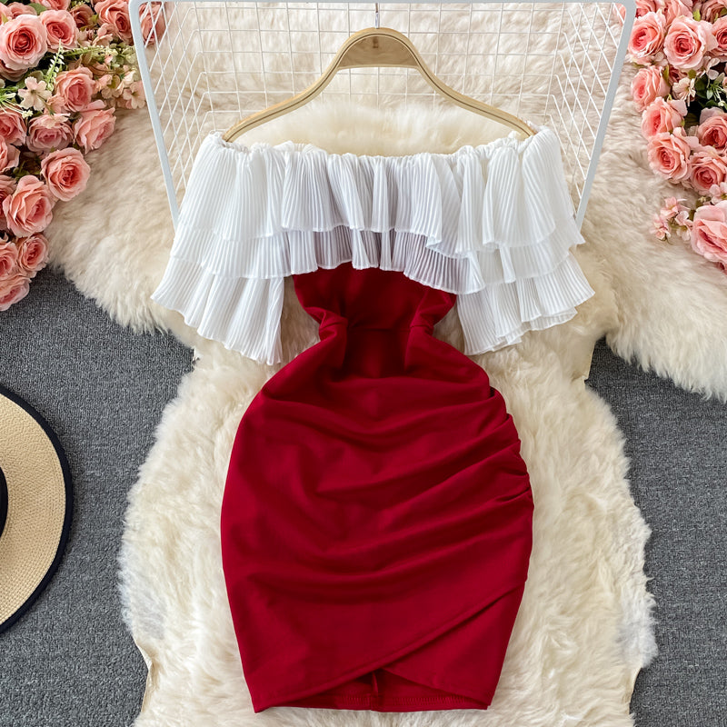 Straight neck off shoulder temperament Hepburn wrap hip short skirt  3209