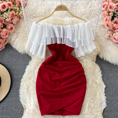 Straight neck off shoulder temperament Hepburn wrap hip short skirt  3209
