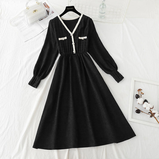 A little black dress with velvet backing and a long coat skirt  2403
