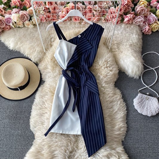 Sexy off shoulder slim fit stitched stripe irregular suspender A-line dress  2883