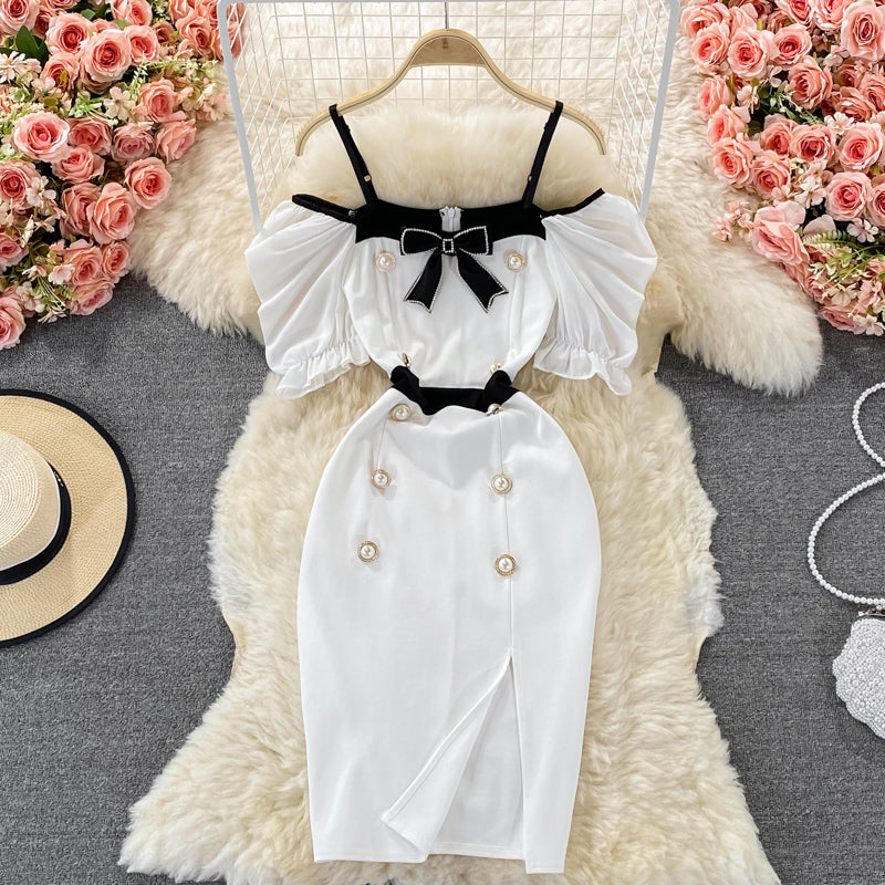 Off shoulder double breasted dress split Hip Wrap Dress  2984
