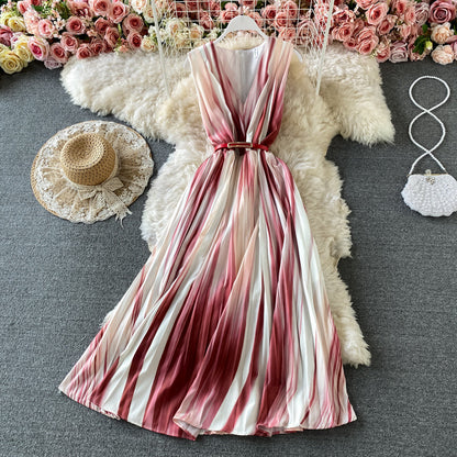 Gradient V-neck sleeveless dress temperament long skirt  3182