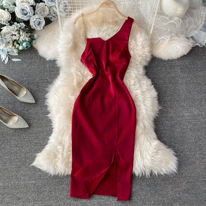 Sexy off shoulder low chest diagonal neck slim split hip dress  3054