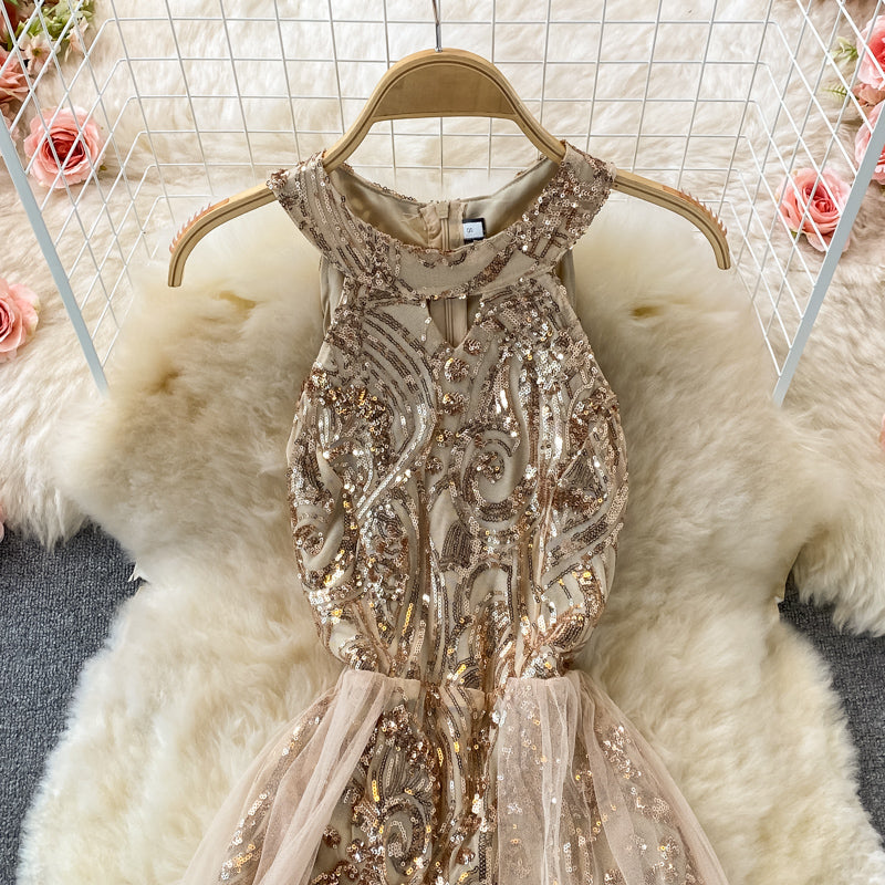 Sexy mesh patchwork neck off shoulder Sequin dress  2908