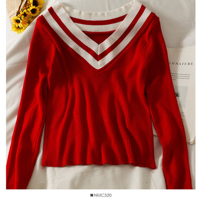 Korean striped off shoulder low collar collarbone exposed long sleeve T-shirt  1976