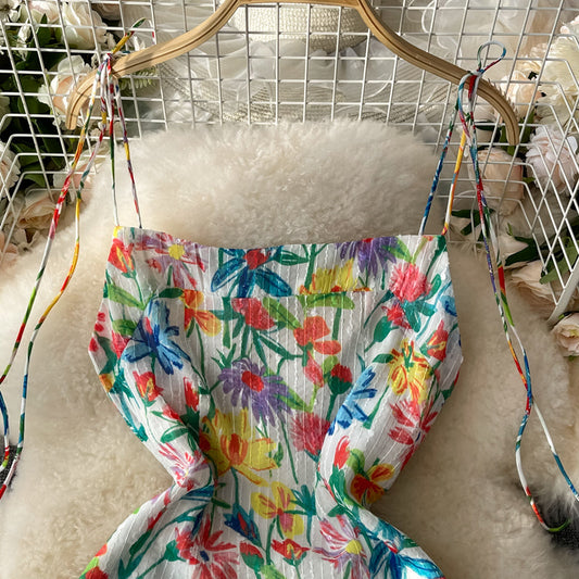 Vintage Floral off shoulder suspender skirt  2841