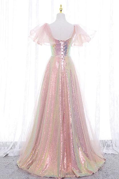 Pink Tulle Sequins Long Prom Dress, Cute Short Sleeve Evening Dress     fg4122