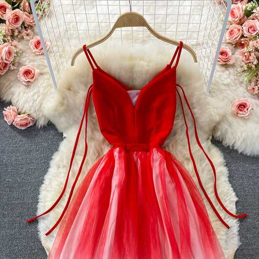 V-neck off shoulder mesh dress large swing skirt  2906