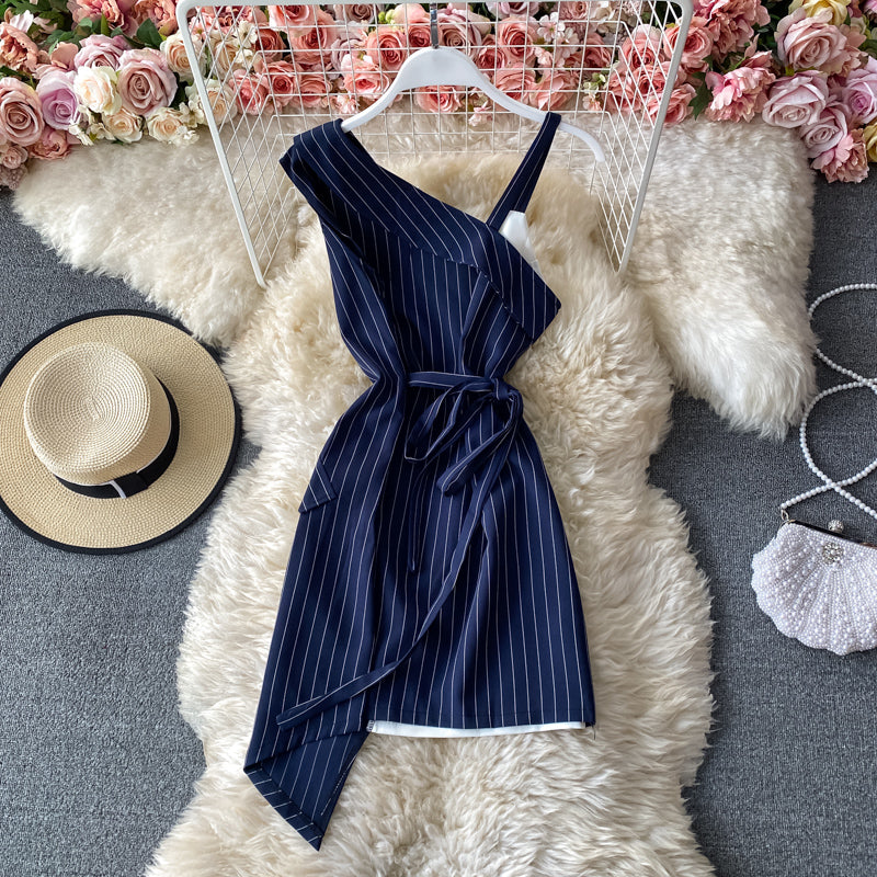 Sexy off shoulder slim fit stitched stripe irregular suspender A-line dress  2883