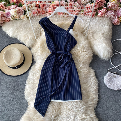Sexy off shoulder slim fit stitched stripe irregular suspender A-line dress  2883