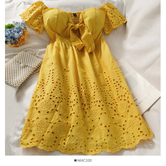 Bow neckline off shoulder high waist dress  2706