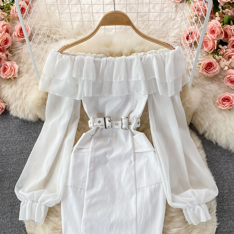 Royal sister style one shoulder off shoulder lotus leaf dress  3098