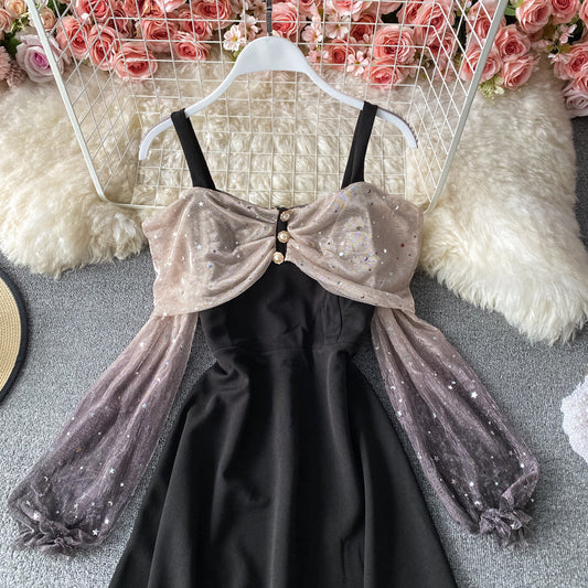 Sexy suspender skirt French off shoulder swing dress  2932