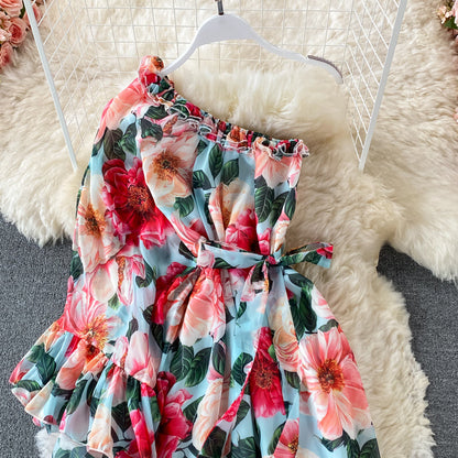 Slant neck one side off shoulder lace up Printed Dress  3195