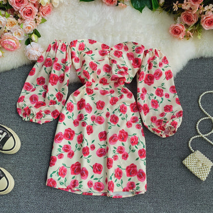 Slim Chiffon one neck short off shoulder floral skirt  3288