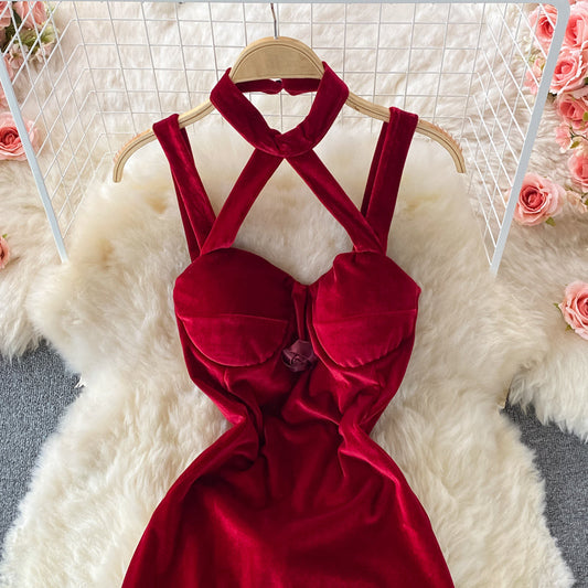 Neck off shoulder slim wrap hip suspender dress  2733