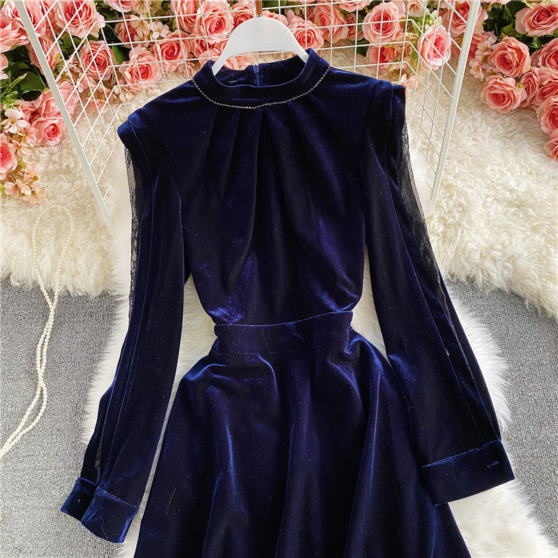 Burgundy stand neck off shoulder velvet A-line dress  2934
