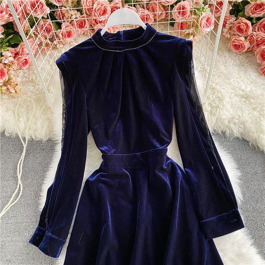 Burgundy stand neck off shoulder velvet A-line dress  2934