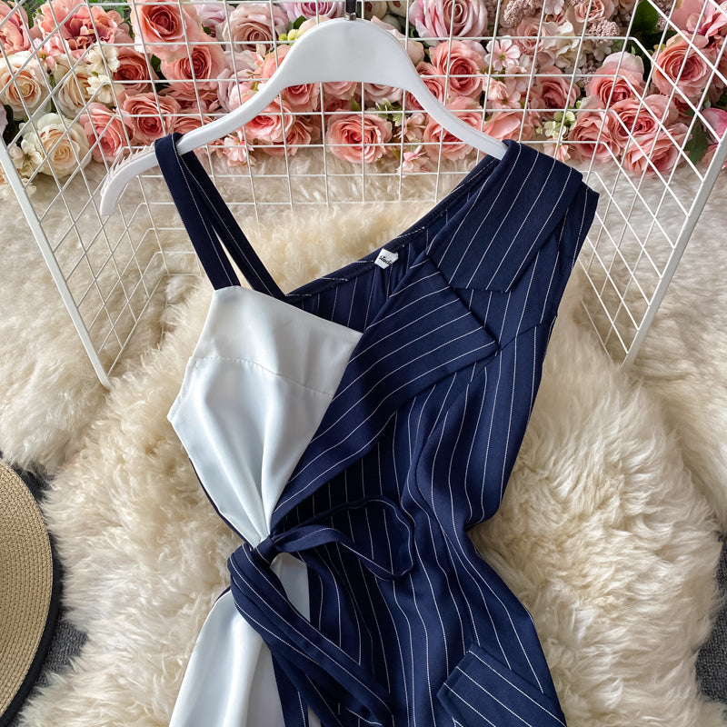 Sexy off shoulder slim fit stitched stripe irregular suspender A-line dress  2883