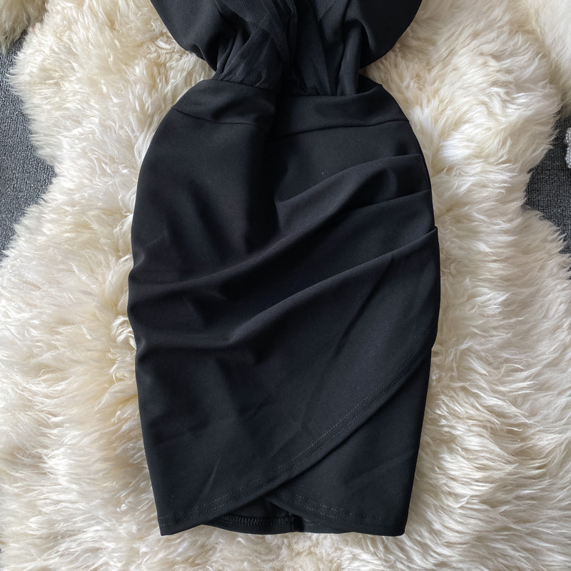 Sexy mesh off shoulder slim wrap hip dress  2953