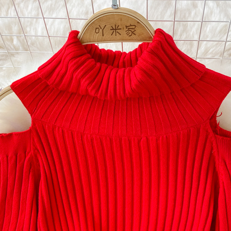 Fashion high neck off shoulder knitted dress  3383