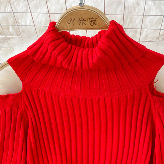 Fashion high neck off shoulder knitted dress  3383