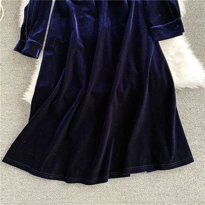 Burgundy stand neck off shoulder velvet A-line dress  2934