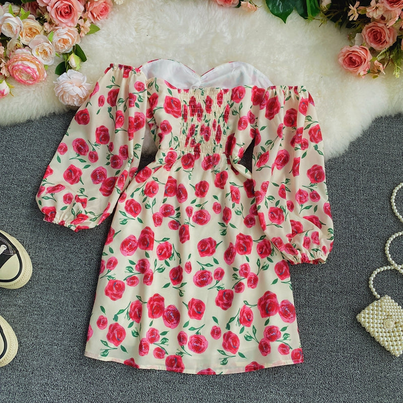 Slim Chiffon one neck short off shoulder floral skirt  3288