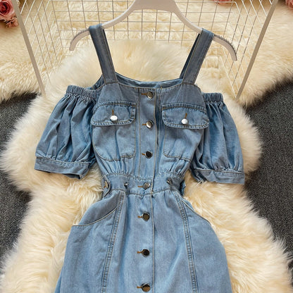 Temperament medium length off shoulder suspender dress  2970