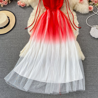 V-neck off shoulder mesh dress large swing skirt  2906