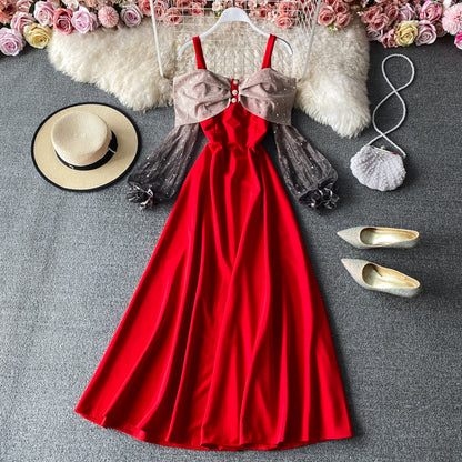 Sexy suspender French off shoulder swing dress  3412