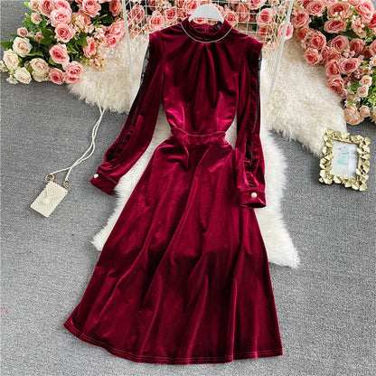 Burgundy stand neck off shoulder velvet A-line dress  2934