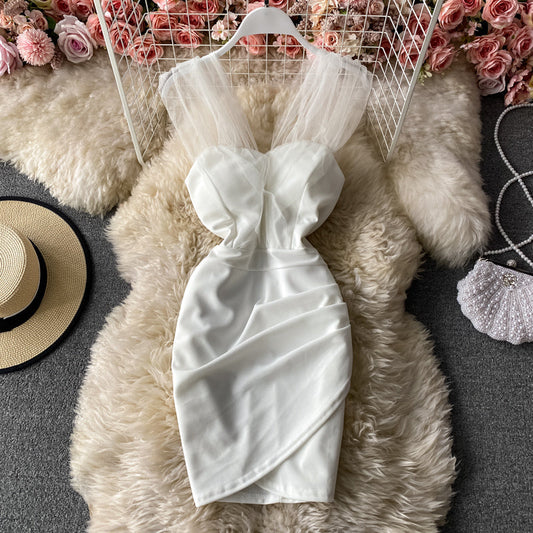 Sexy mesh off shoulder slim wrap hip dress  2953