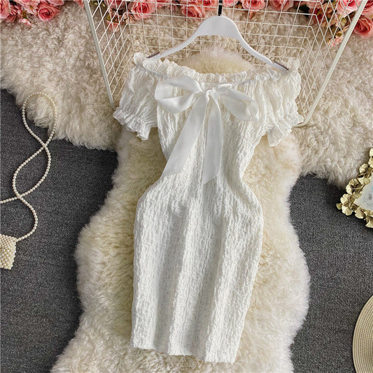 Retro sweet waist closed thin off shoulder backless dress  2851
