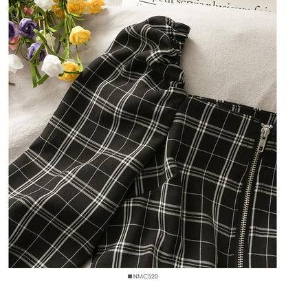 Off shoulder exposed clavicle zipper bubble sleeve top high waist skirt  2490